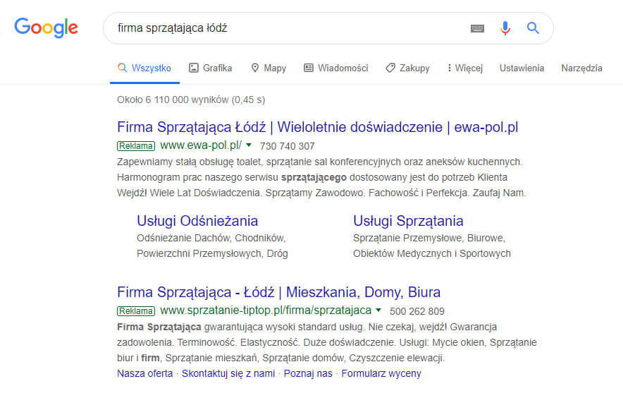 Firma sprzątająca Łódź przykład Google Ads