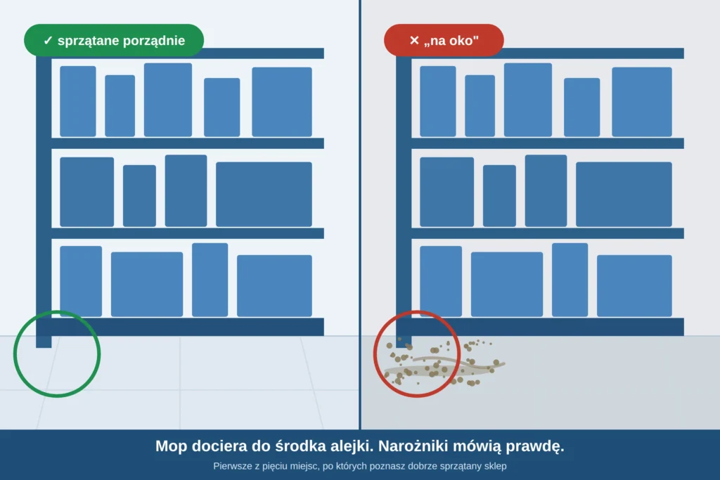 Narożnik przy regale sklepowym — miejsce, po którym poznasz jakość sprzątania sklepu
