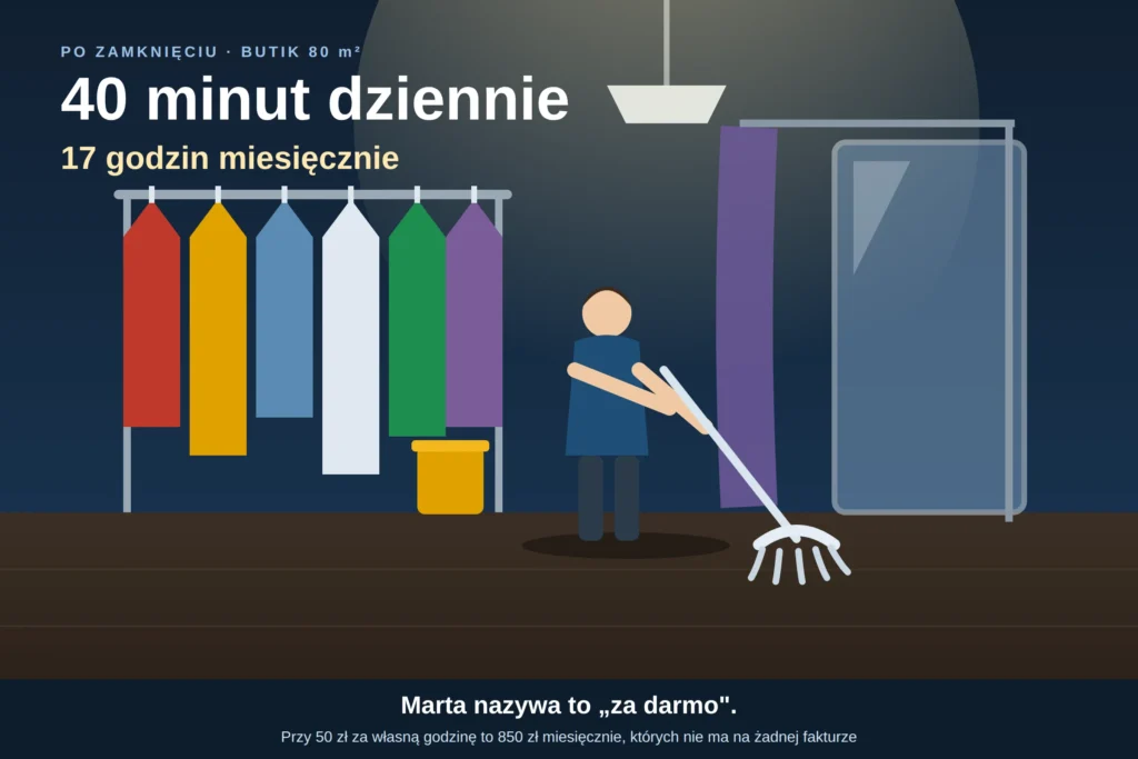 Sprzątanie sklepu odzieżowego po zamknięciu — właścicielka butiku myje podłogę w przymierzalni