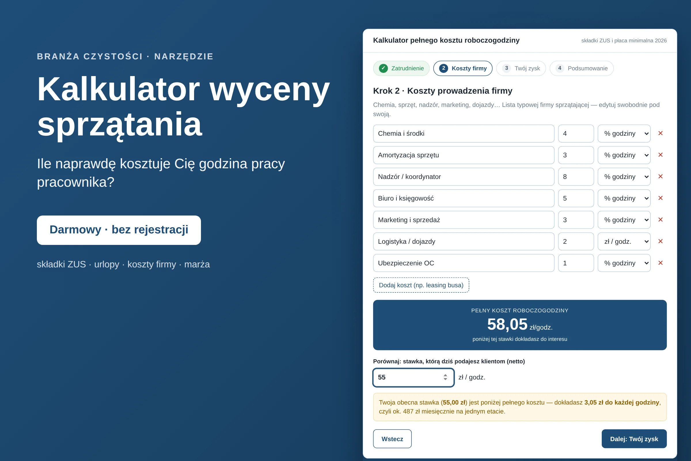 Kalkulator wyceny sprzątania — koszt roboczogodziny i cena