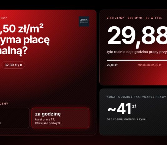 Czy cennik sprzątania biur wytrzyma płacę minimalną 4950 zł? Koszt roboczogodziny policzony na 2027 rok Czy stawka 2,50 zł za m² wytrzyma płacę minimalną 2027 – koszt roboczogodziny ok. 41 zł