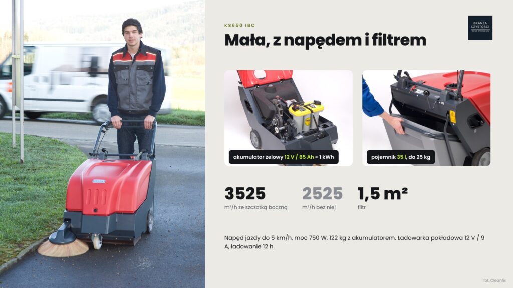 Zamiatarka Cleanfix KS650 IBC: akumulator żelowy 12 V / 85 Ah, pojemnik 35 l, 3525 m²/h