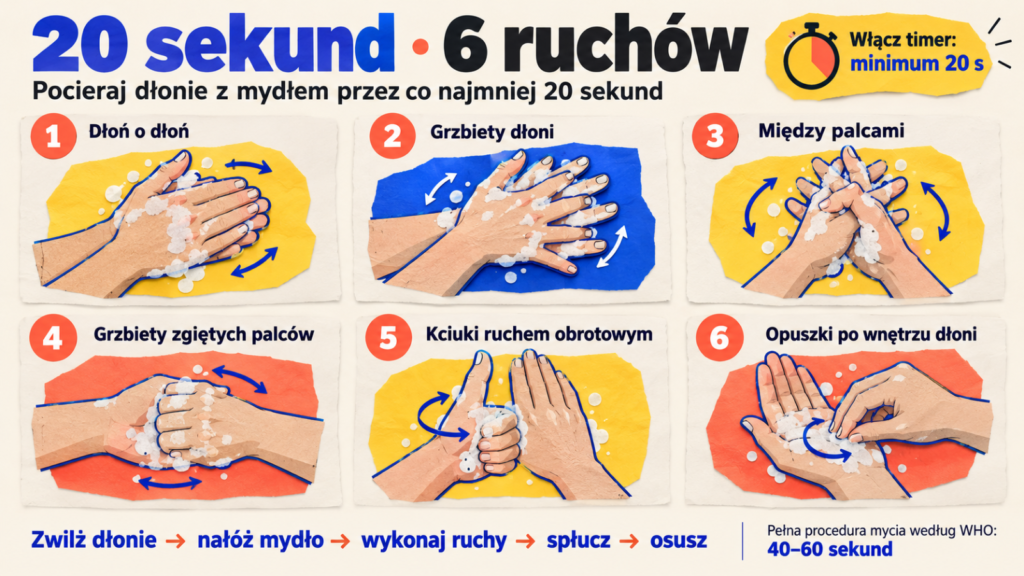 Technika mycia rąk WHO: 6 ruchów, co najmniej 20 sekund