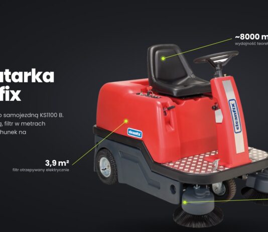 Zamiatarka Cleanfix od środka: wyrzut nad szczotką, filtr 3,9 m² i teoretyczne 8000 m² na godzinę